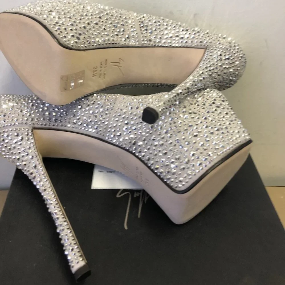 Giuseppe Zanotti Liza Peep Toe Swarovski Crystal Platform Pump Light Gray